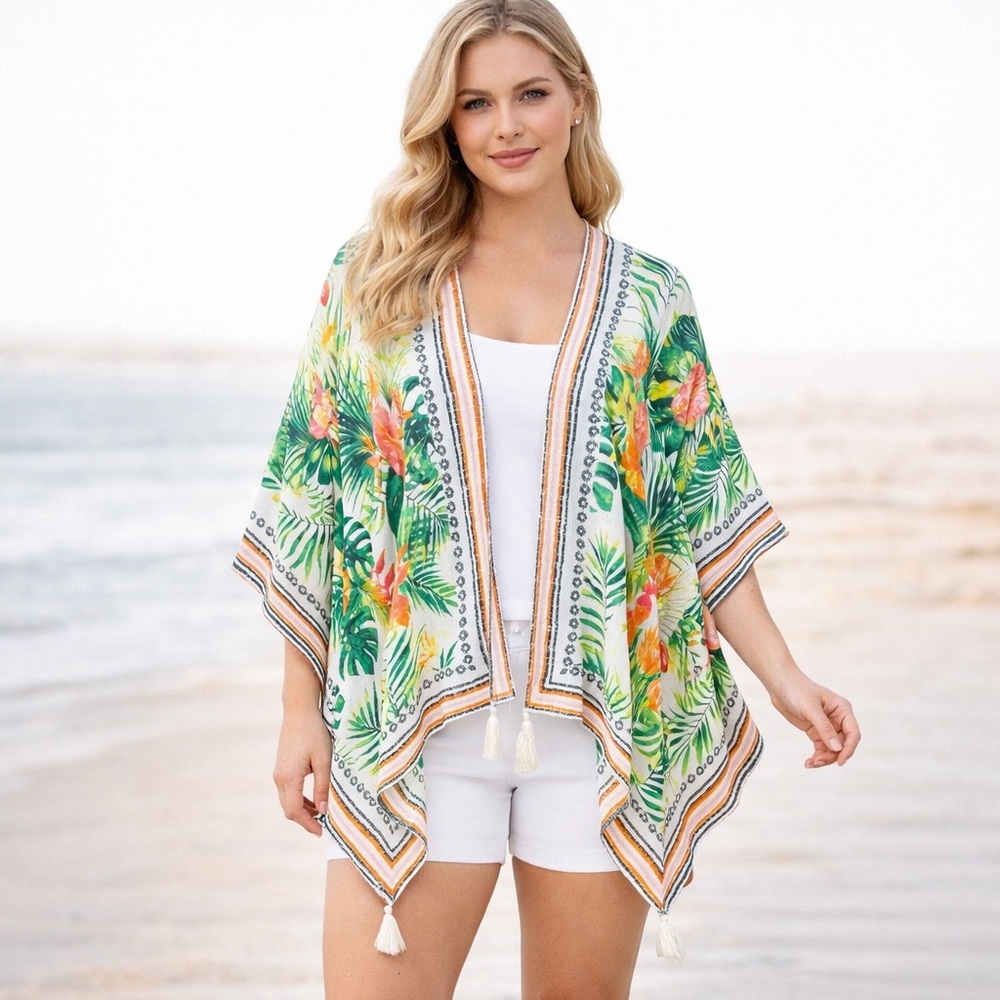 Vince Camuto Tropical Floral Kimono Tassel Boho Ruana Cover Up One Size